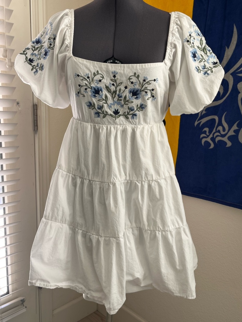 Ami White Mini Dress with Blue Floral Embroidery